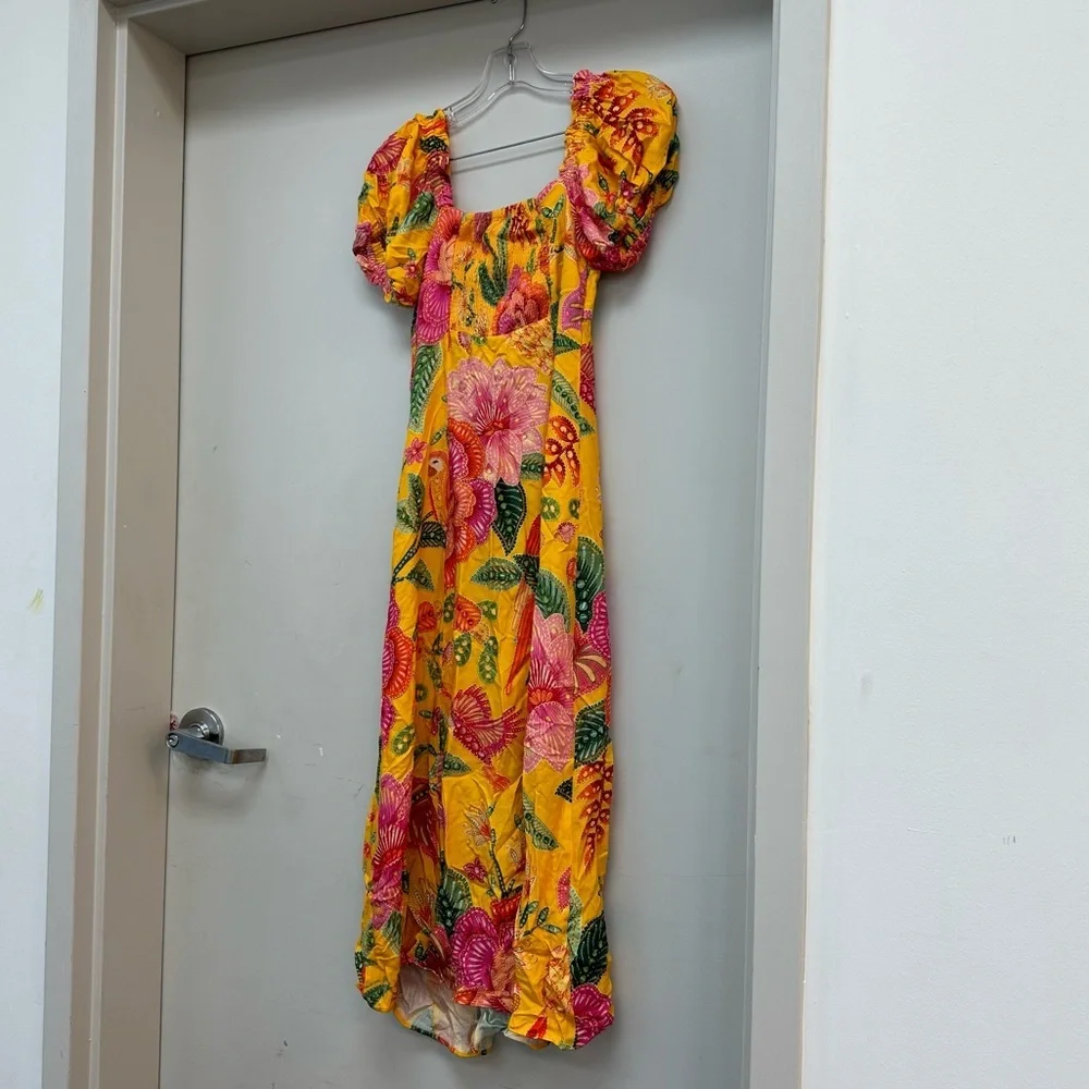 NWT FARM Rio Yellow Macaw Bloom Puff-Sleeve Midi Dress - Picture 9 of 10